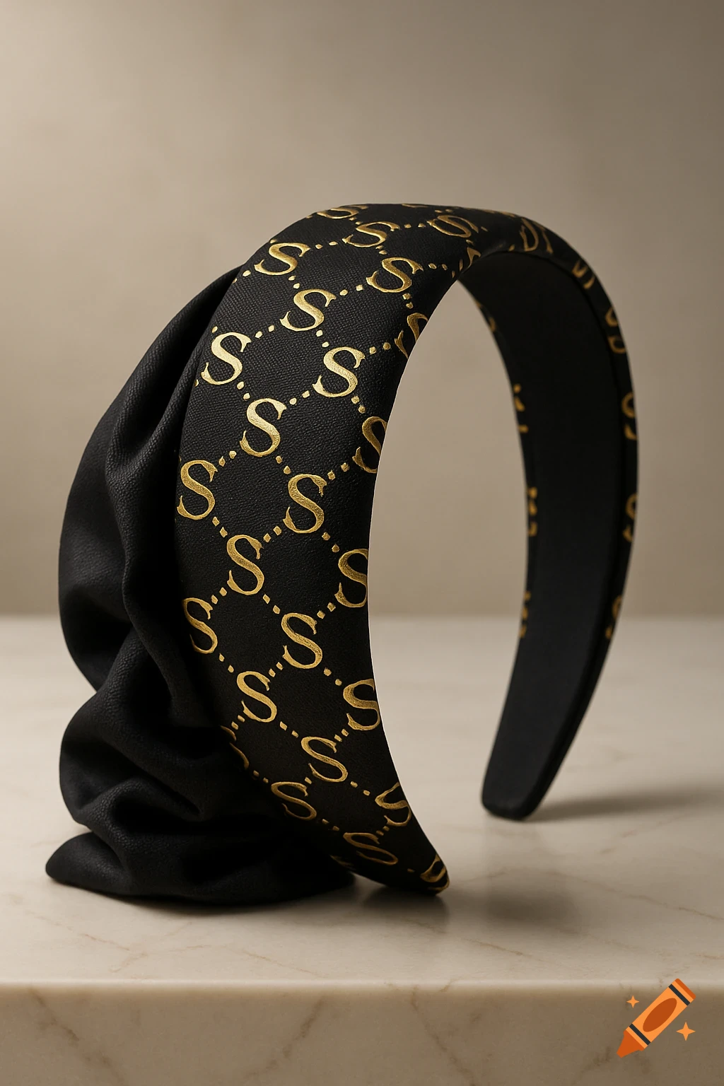 A black headband featuring a repeating gold 'S' monogram pattern, presented as a product shot on a light background.