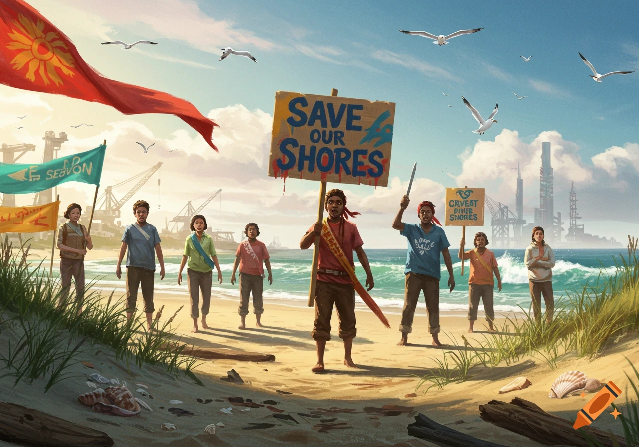 A group of young activists protest on a sandy beach, holding signs that say "SAVE OUR SHORES" and other text, with industrial structures in the background, in an illustrative style.