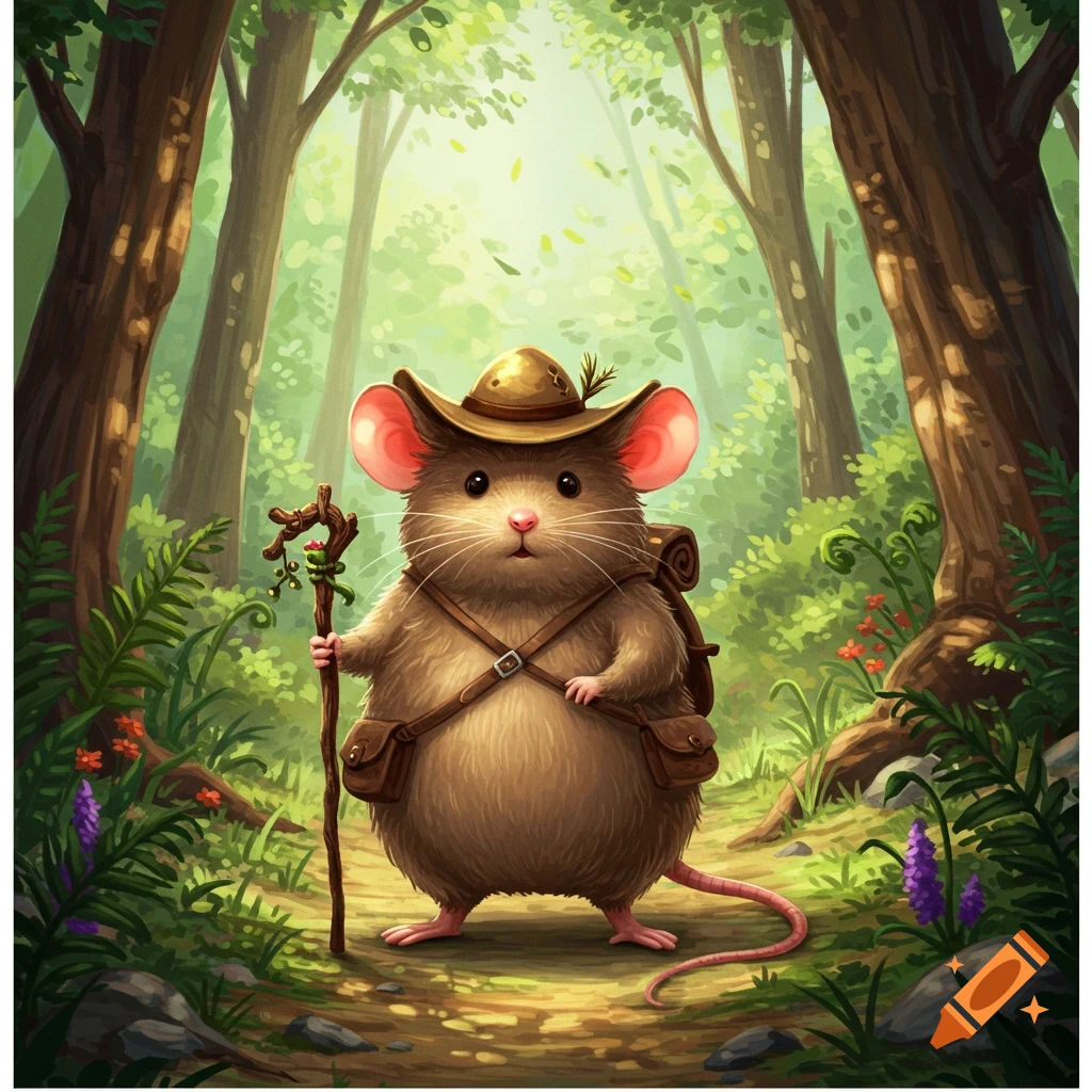 A plump, furry cartoon mouse wearing an adventurer's hat, backpack, and holding a walking stick, stands on a forest path.