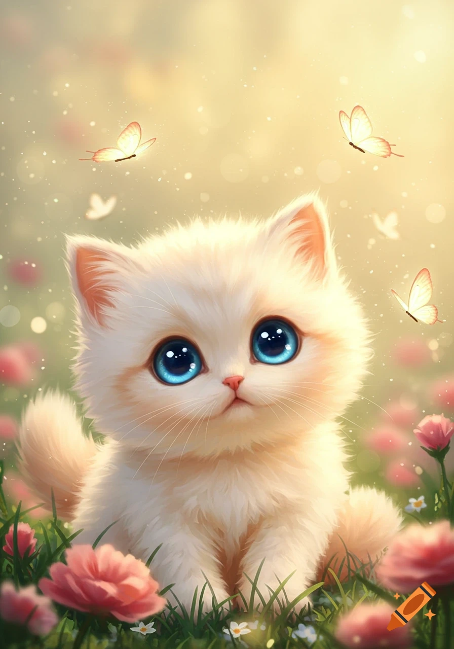 A fluffy white cartoon cat with big blue eyes sits in a field of pink flowers and green grass, with butterflies flying in a bright, soft-focus background.
