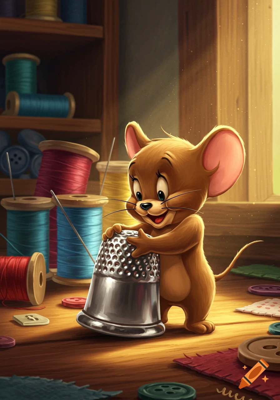 Cartoon Jerry the Mouse hugs a thimble, surrounded by spools of colorful thread and buttons on a wooden table.