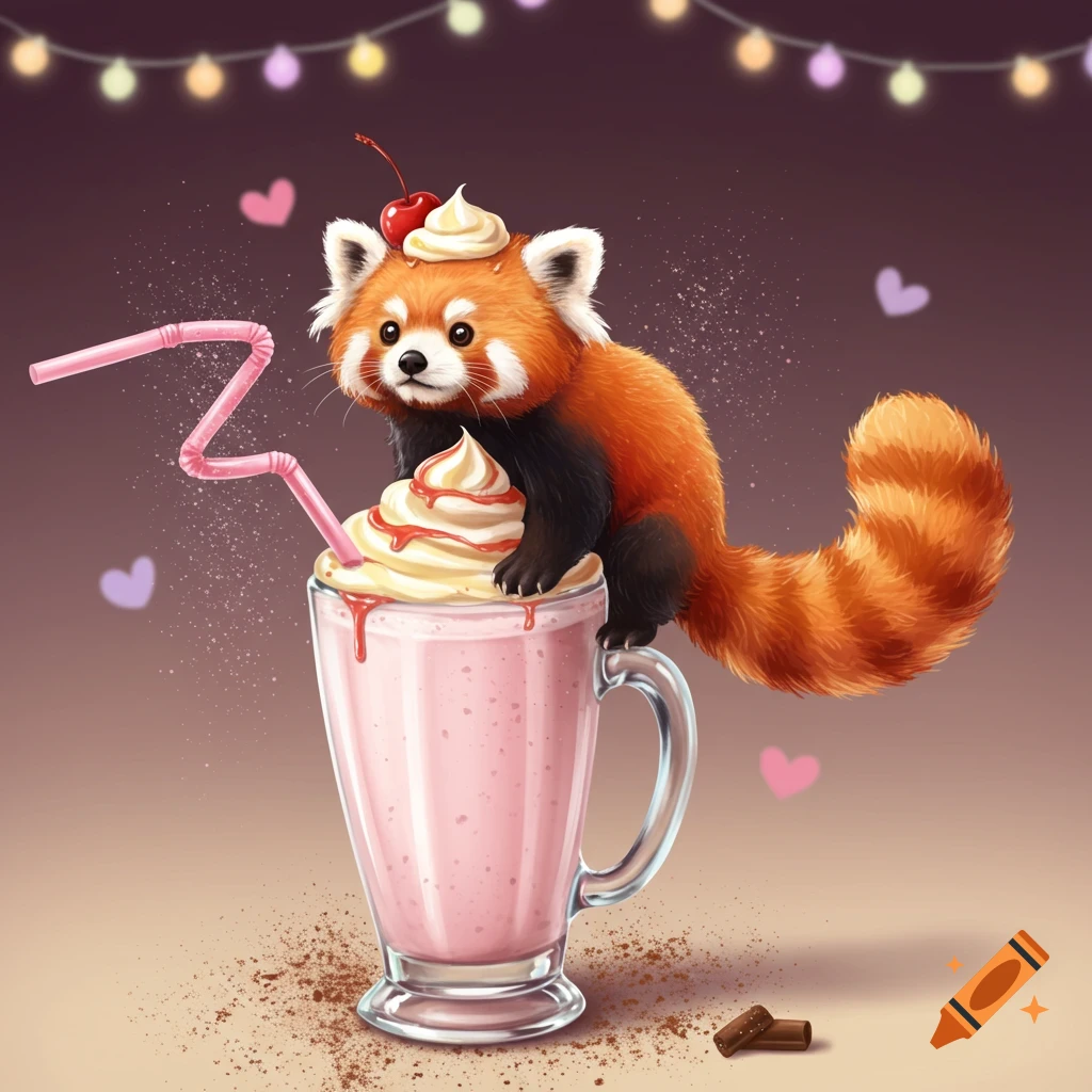 A cute red panda sits on a pink milkshake with whipped cream and a cherry, holding a pink straw. Cartoon style.