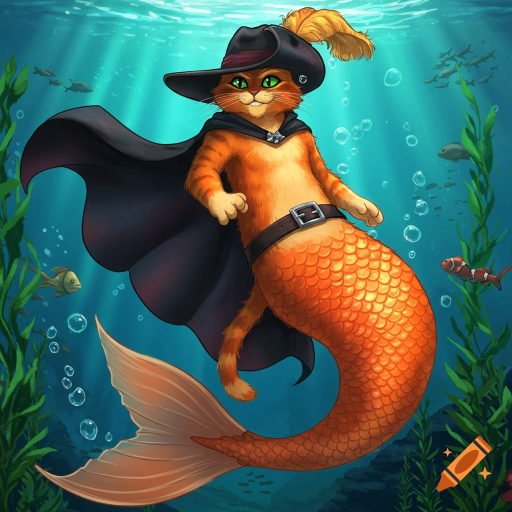 Anime-style Puss in Boots with a black cape and orange mermaid tail swims underwater among fish and seaweed.