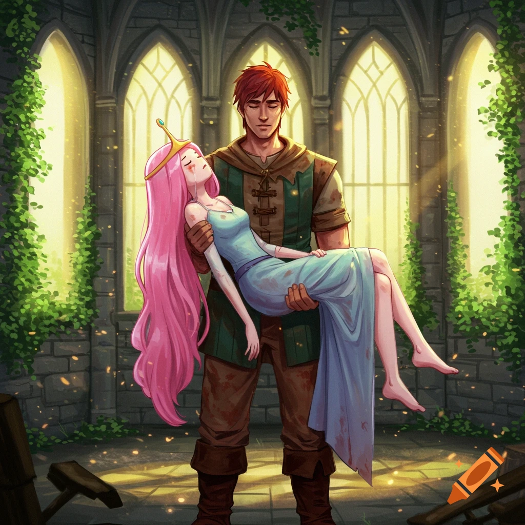 A red-haired man carries an unconscious Princess Bubblegum through a sunlit, ruined castle, in a cartoon style.