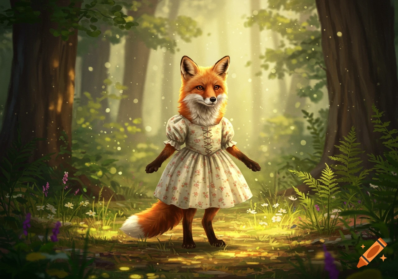 An illustrated red fox wearing a floral dress stands in a sun-dappled forest.