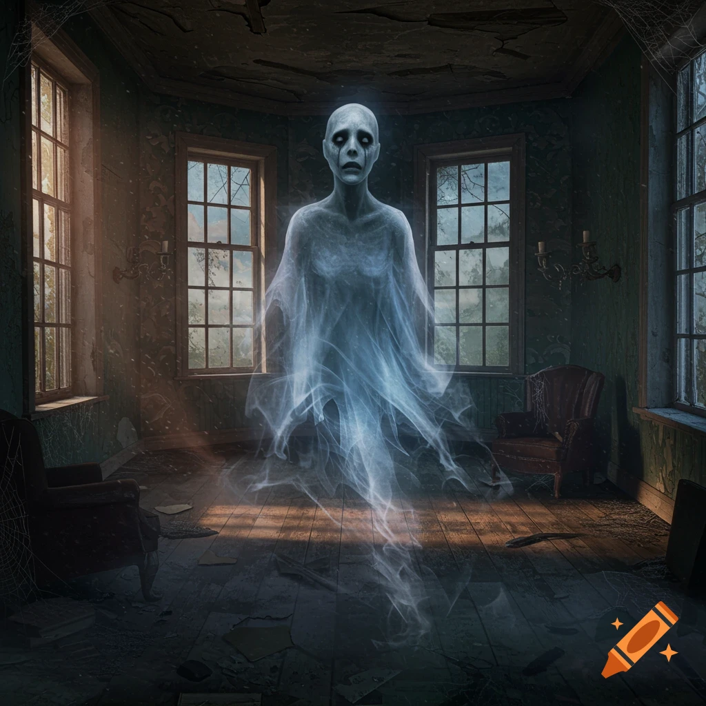 A spectral white ghost with dark, empty eyes floats in the center of a derelict, dusty room with large windows, sunlight streaming through.