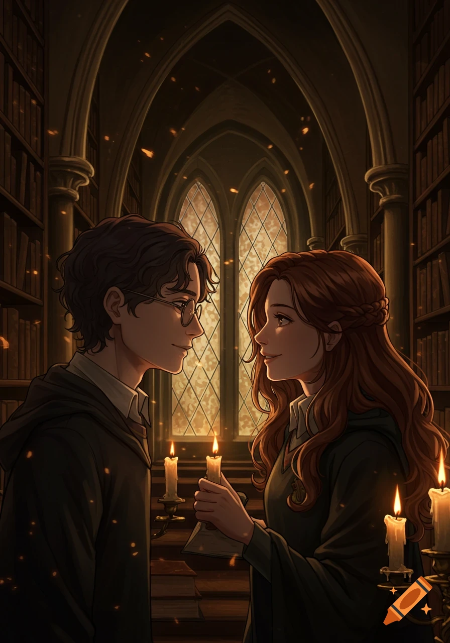 Anime-style illustration of two Hogwarts students, a boy and a girl, gazing intimately at each other in a dimly lit library with candles.