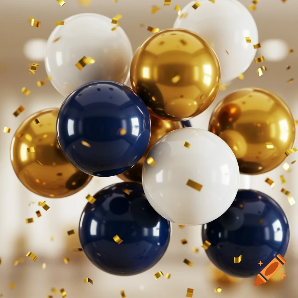 Shiny navy, gold, and white spheres floating with gold confetti against a light, blurred background.