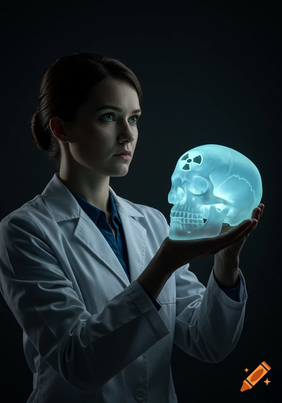 A female doctor in a white coat holds a glowing translucent skull with a radioactive symbol on its forehead in dramatic lighting. Photorealistic.