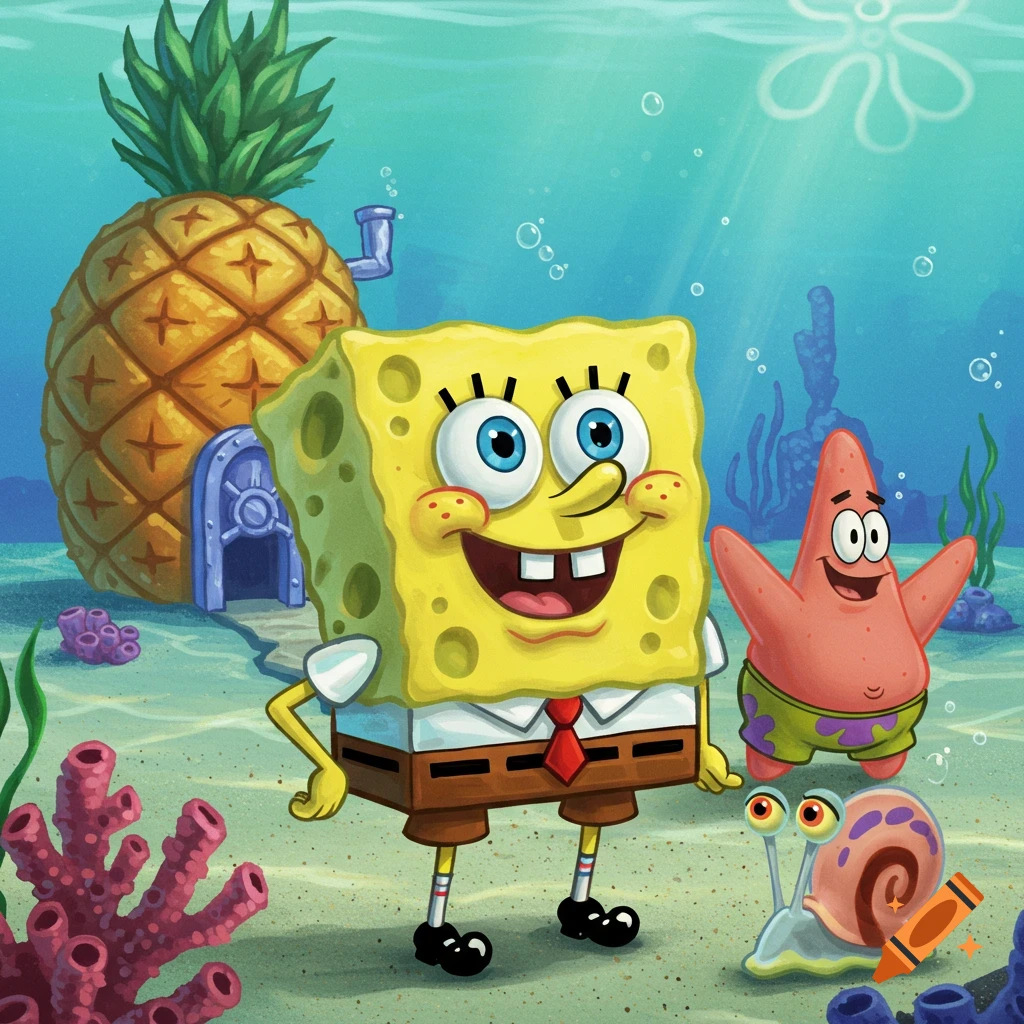 SpongeBob SquarePants, Patrick Star, and Gary the Snail stand in front of a pineapple house underwater.