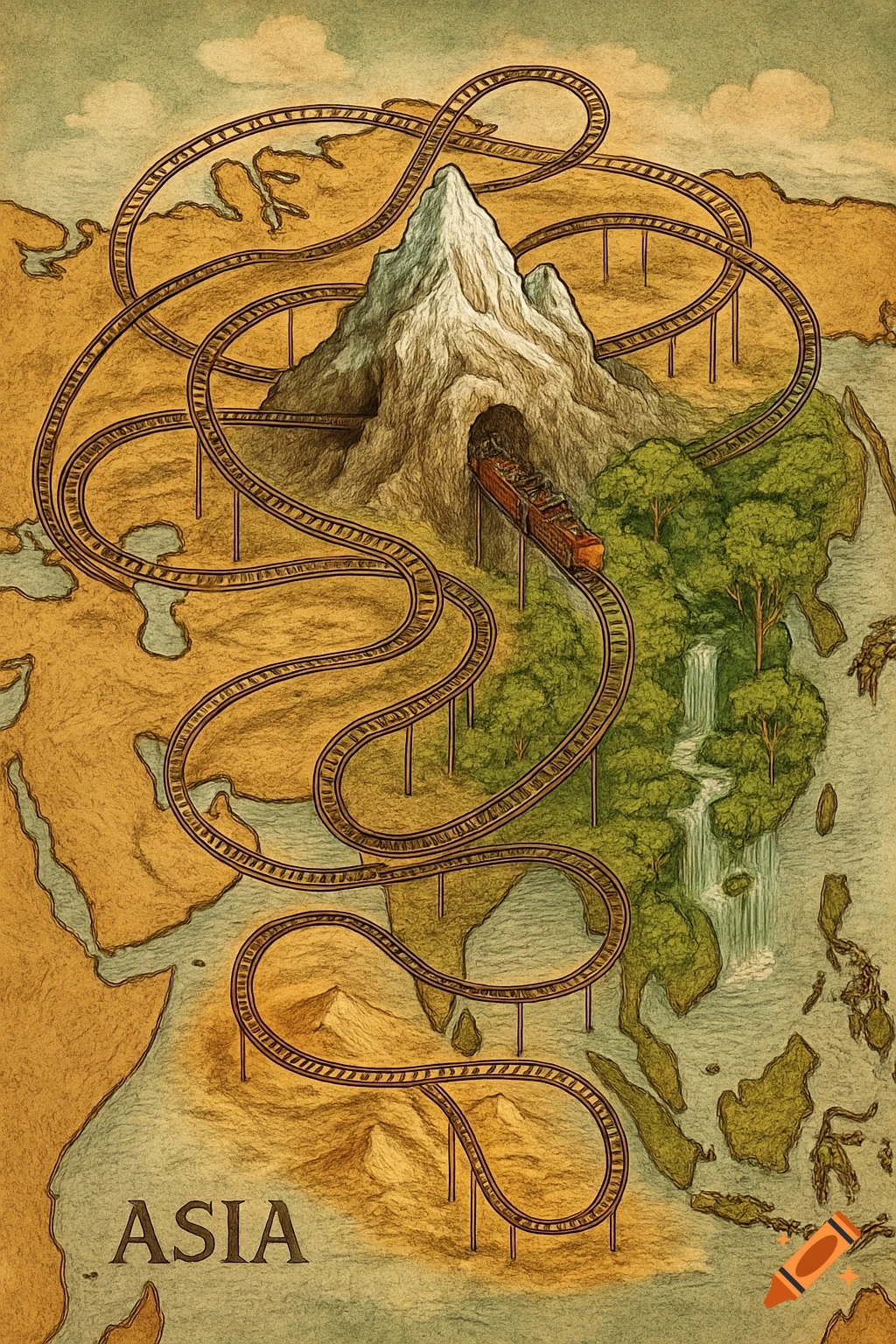 Illustrated map of Asia with a rollercoaster traversing mountains, forests, and deserts.