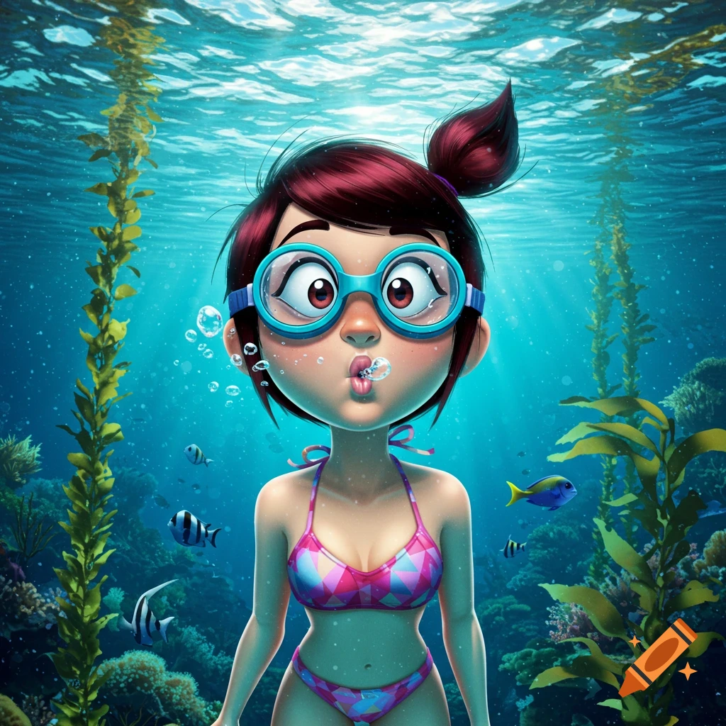Cartoon girl in pink bikini and blue goggles making a fish face underwater, surrounded by fish and kelp.