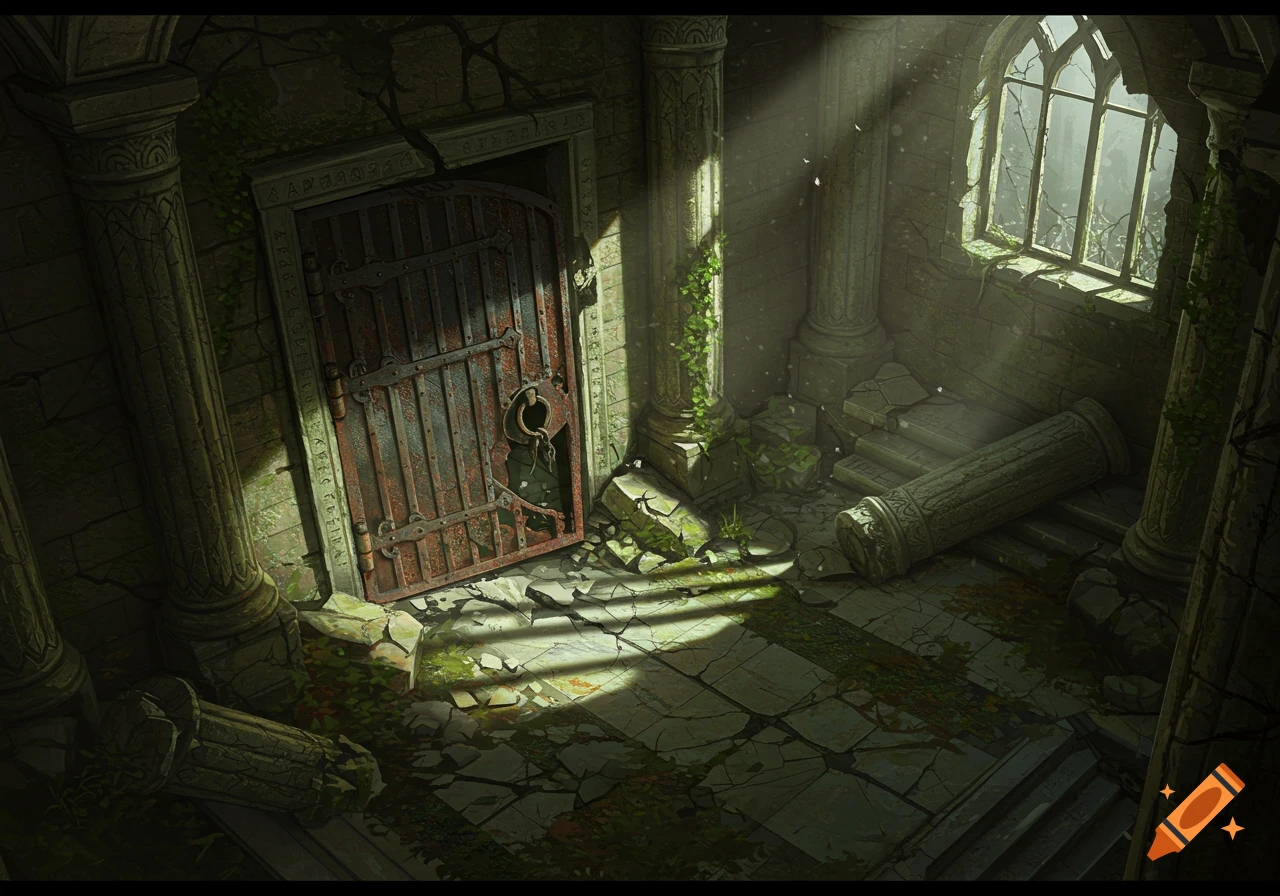 Sunlight streams into a ruined stone dungeon, illuminating a large, rusty metal door, broken pillars, and debris on the floor.