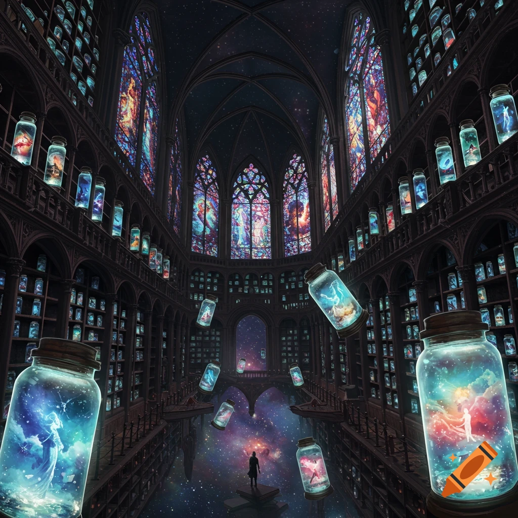 A grand gothic-meets-cosmic library floats in space, shelves filled with glowing jars containing ethereal figures and dreams. Stained-glass windows show galaxies.