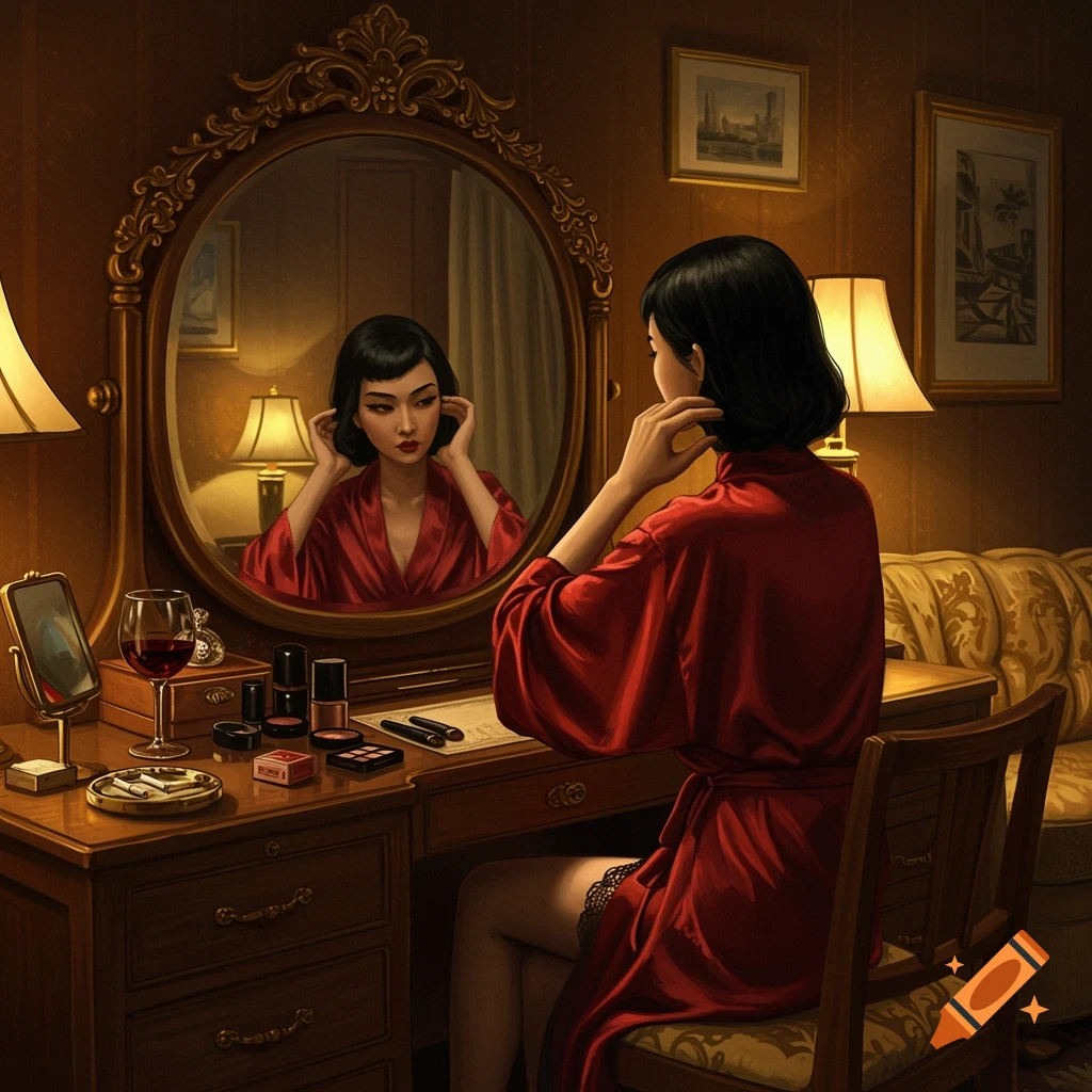 A stylish woman in a red silk robe sits at a vintage vanity table, looking at her reflection in an ornate mirror. The room has soft golden lighting, vintage furniture, and a glamorous, moody atmosphere.