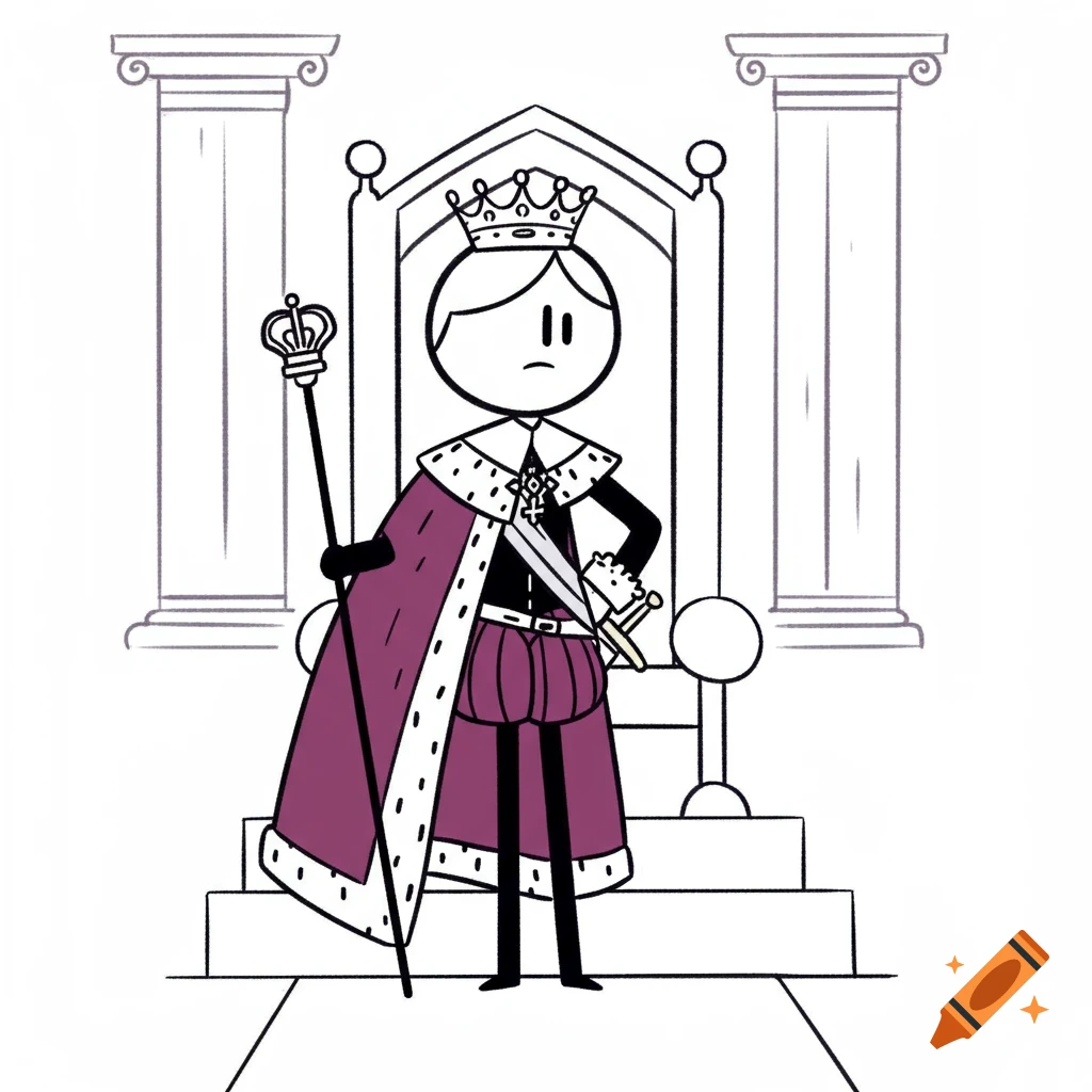 A stick figure King Phillip II of Spain, in royal robes and crown, stands sternly before a throne.
