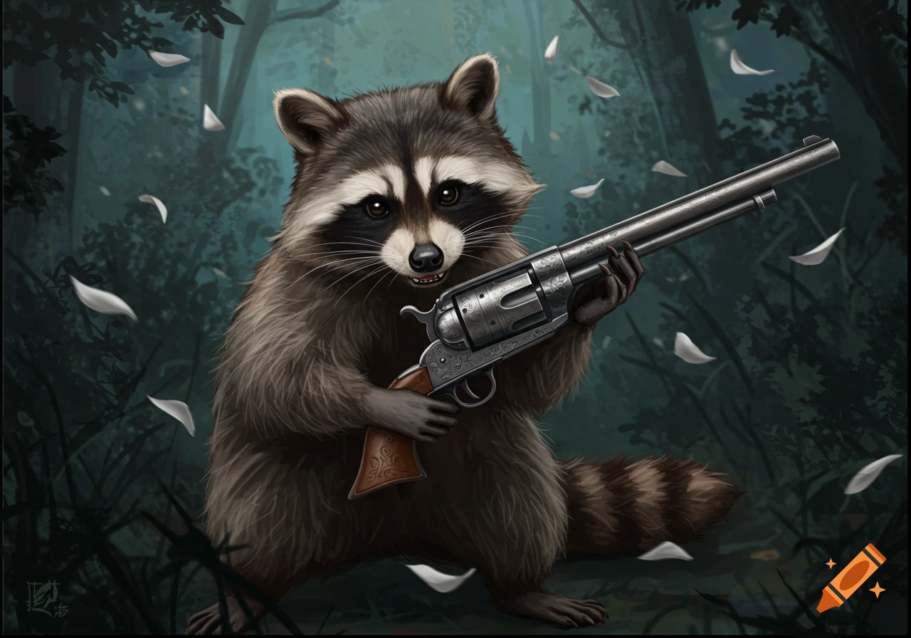 A stylized illustration of a raccoon standing in a forest, holding a large, ornate revolver.