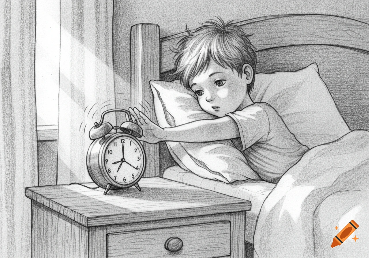 Pencil art of a sleepy young boy in bed, reaching to turn off an alarm clock on his nightstand, with sunlight streaming through a window.