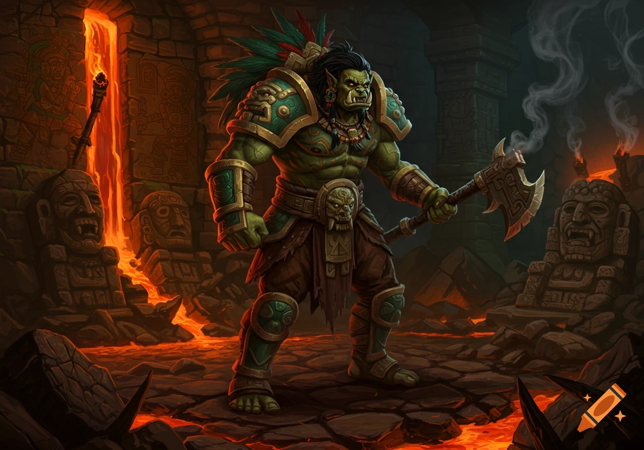 Green orc warrior in ornate armor and feathered headdress holds an axe in a lava-filled ancient dungeon.
