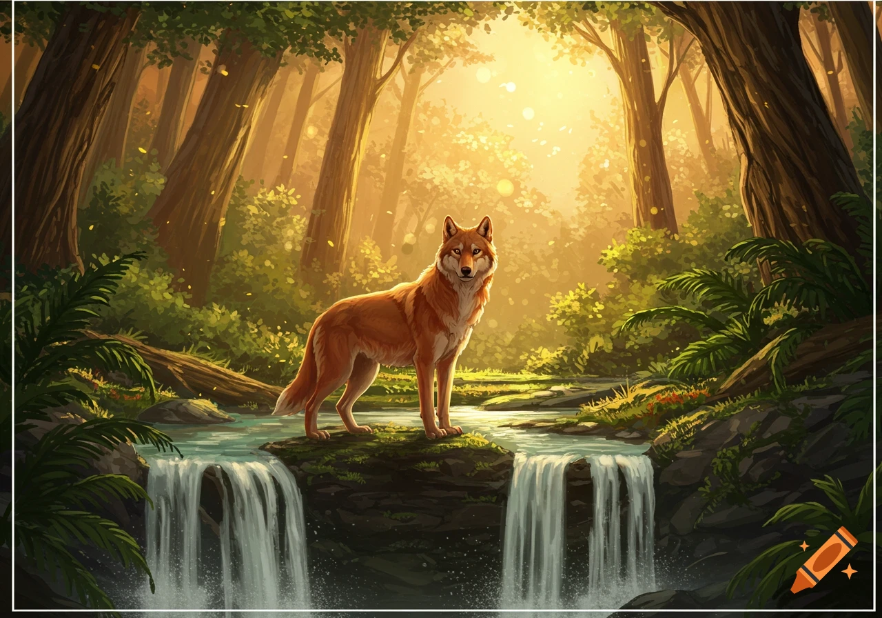 A reddish-brown wolf stands on rocks between two waterfalls in a sunlit fantasy forest illustration.