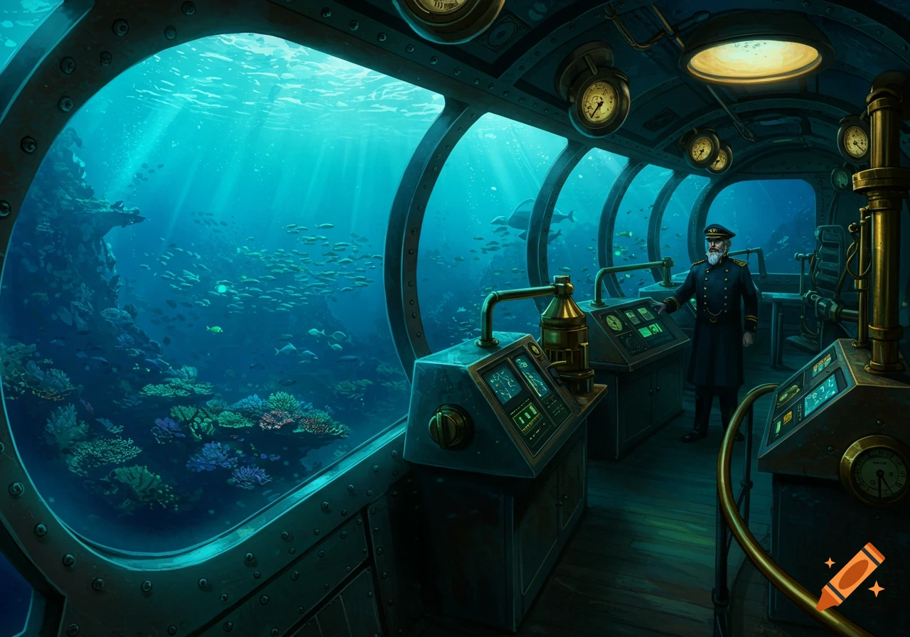 A captain in a submarine looks out a large window at a vibrant coral reef and schools of fish in clear blue water.