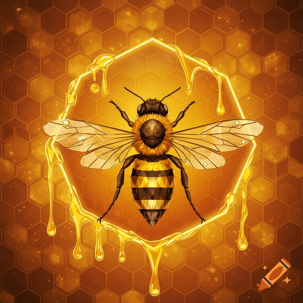 Geometric honey bee inside a honey-dripping hexagon on a honeycomb background.