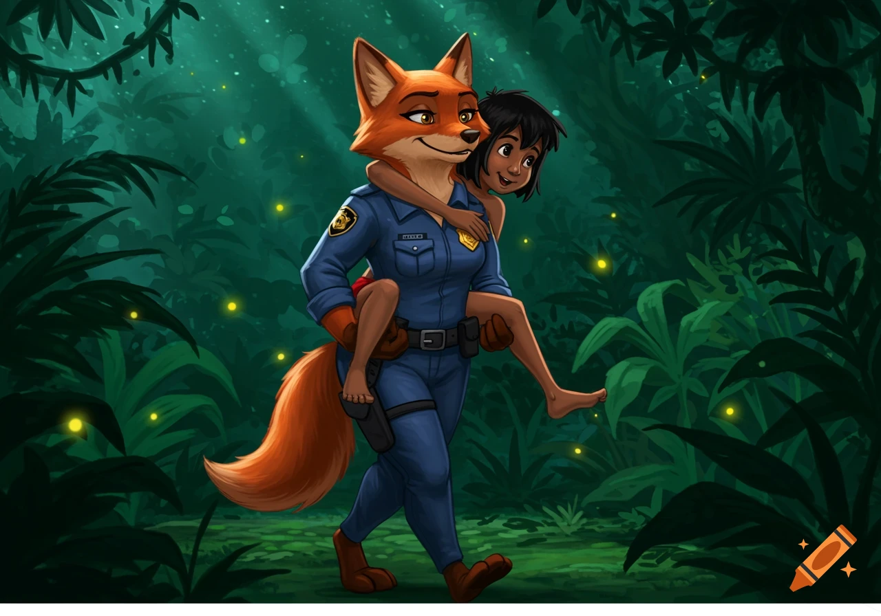 Cartoon of a smiling anthropomorphic fox police officer carrying a young boy piggyback through a lush, glowing jungle.