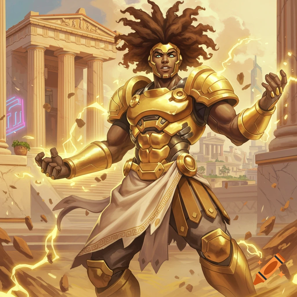 A stylized heroic Black man in golden armor with dreadlocks and glowing eyes, evoking lightning in front of ancient Greek ruins.