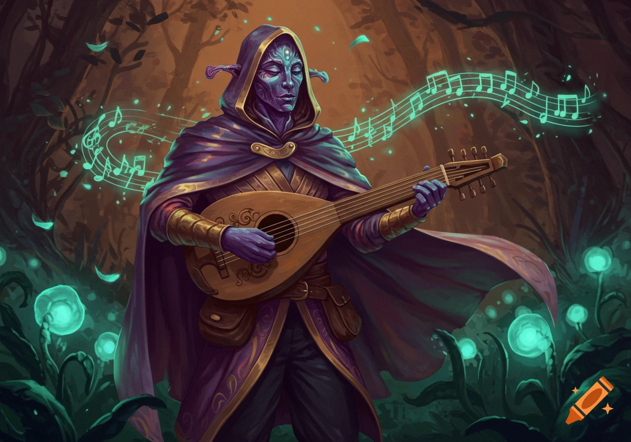 Purple-skinned hooded bard playing a lute amidst glowing plants and floating musical notes in a fantasy forest.