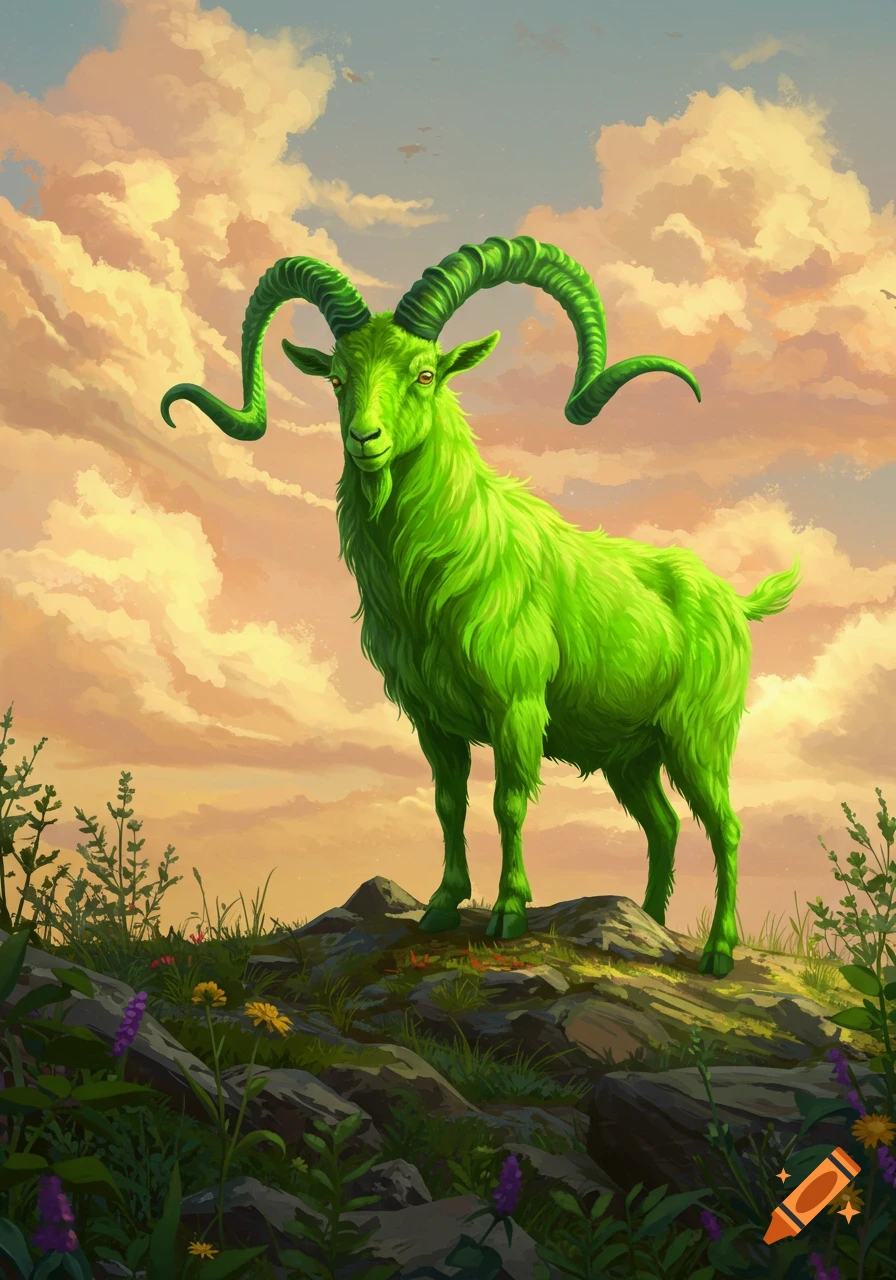 A vibrant green goat with large, curled horns stands on a rocky hill under a cloudy, orange-hued sky.