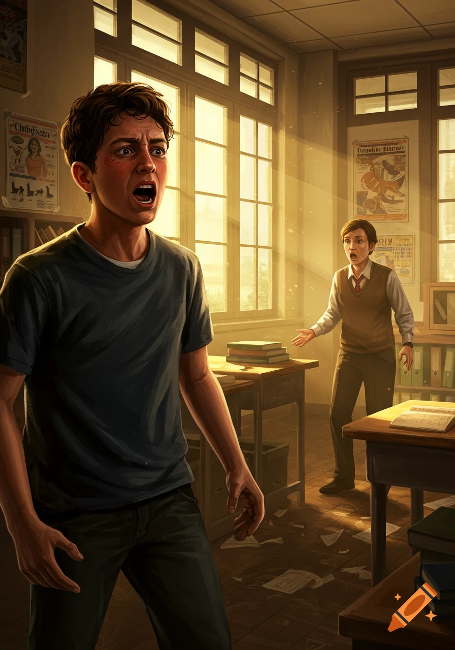 Illustration of a student yelling loudly in a sunlit classroom, with another surprised student in the background.