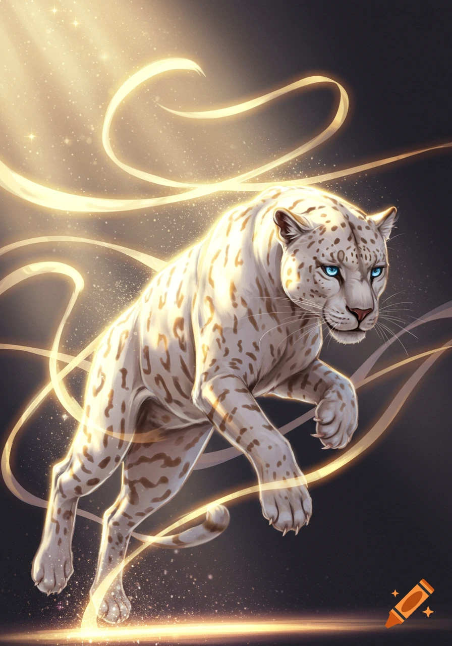 A white panther with blue eyes and golden markings leaps through glowing golden ribbons of light.
