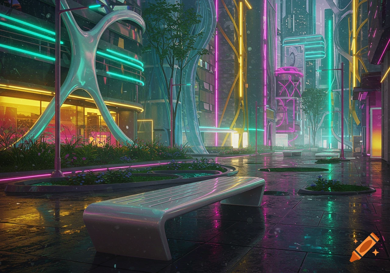 A neon-lit futuristic city street with a modern bench in the foreground, vibrant pink, teal, and yellow lights reflecting on wet pavement.