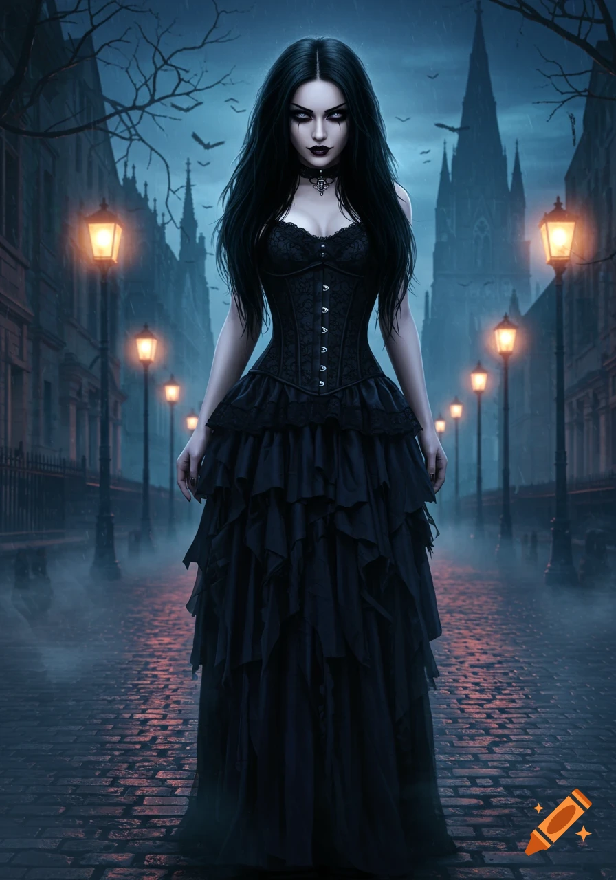 A goth girl with long black hair and pale skin, wearing a black corset and layered skirt, stands on a misty cobblestone street at night, with glowing lanterns and dark, spire-topped buildings in the background.