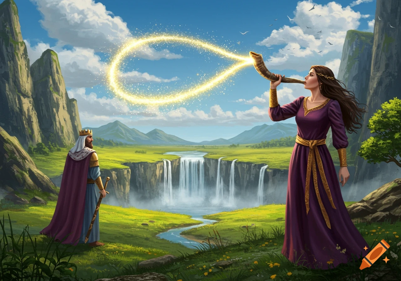 A fantasy painting: a woman in purple blows a shofar with golden sparks as a king watches, amidst cliffs, waterfalls, and green fields.