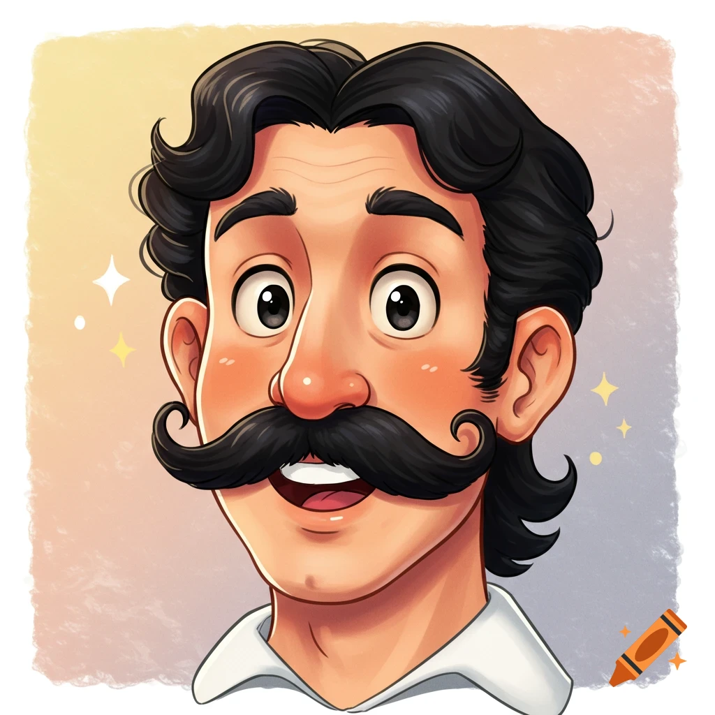Cartoon style headshot of a smiling man with a large curly mustache and dark wavy hair.