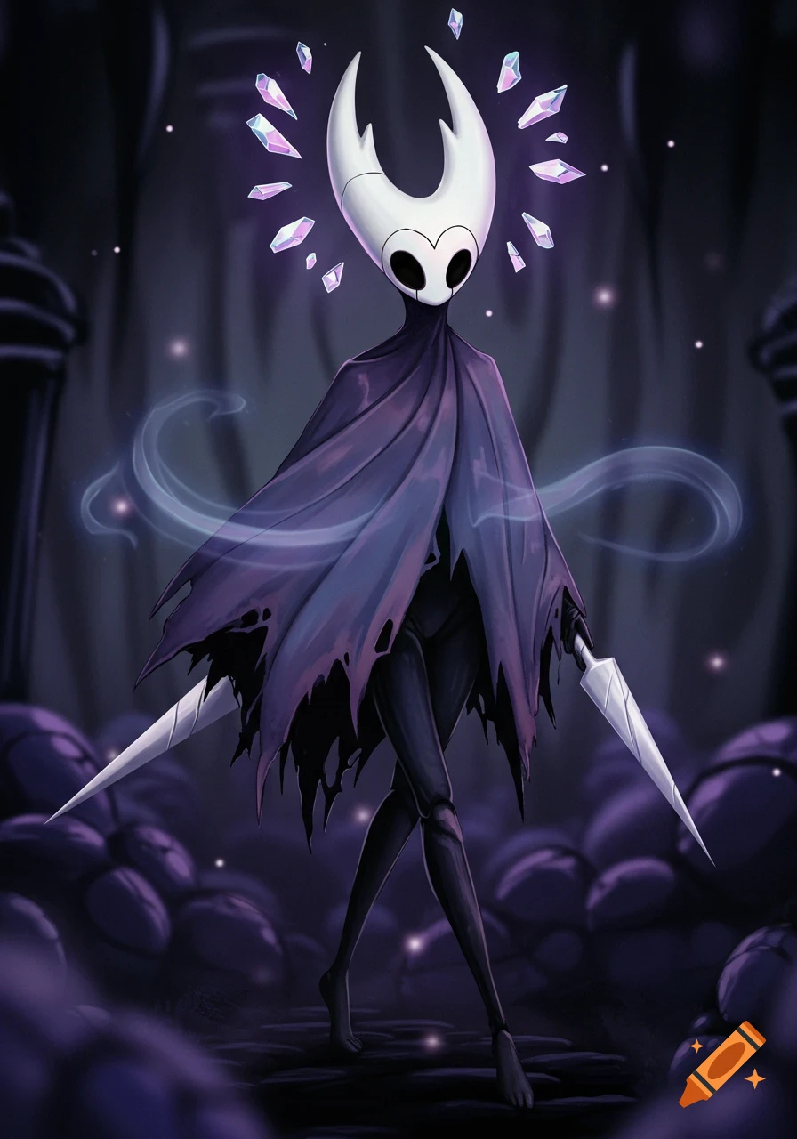 A tall, masked figure with a horned white head and tattered dark cloak, surrounded by glowing crystals and blue mist, stands in a dark fantasy setting.