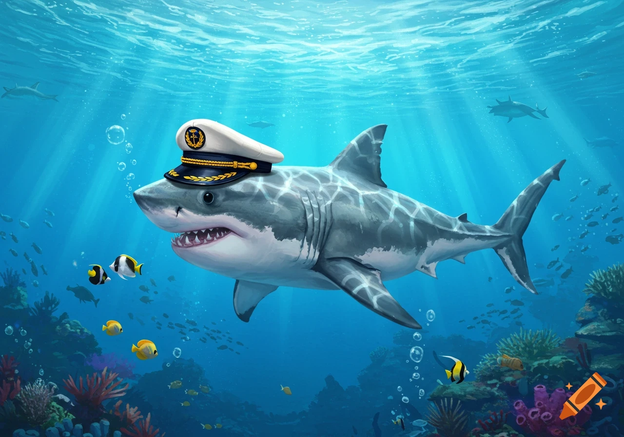 A cartoon great white shark wearing a white and gold captain's hat swims in a vibrant blue underwater scene with coral and fish.