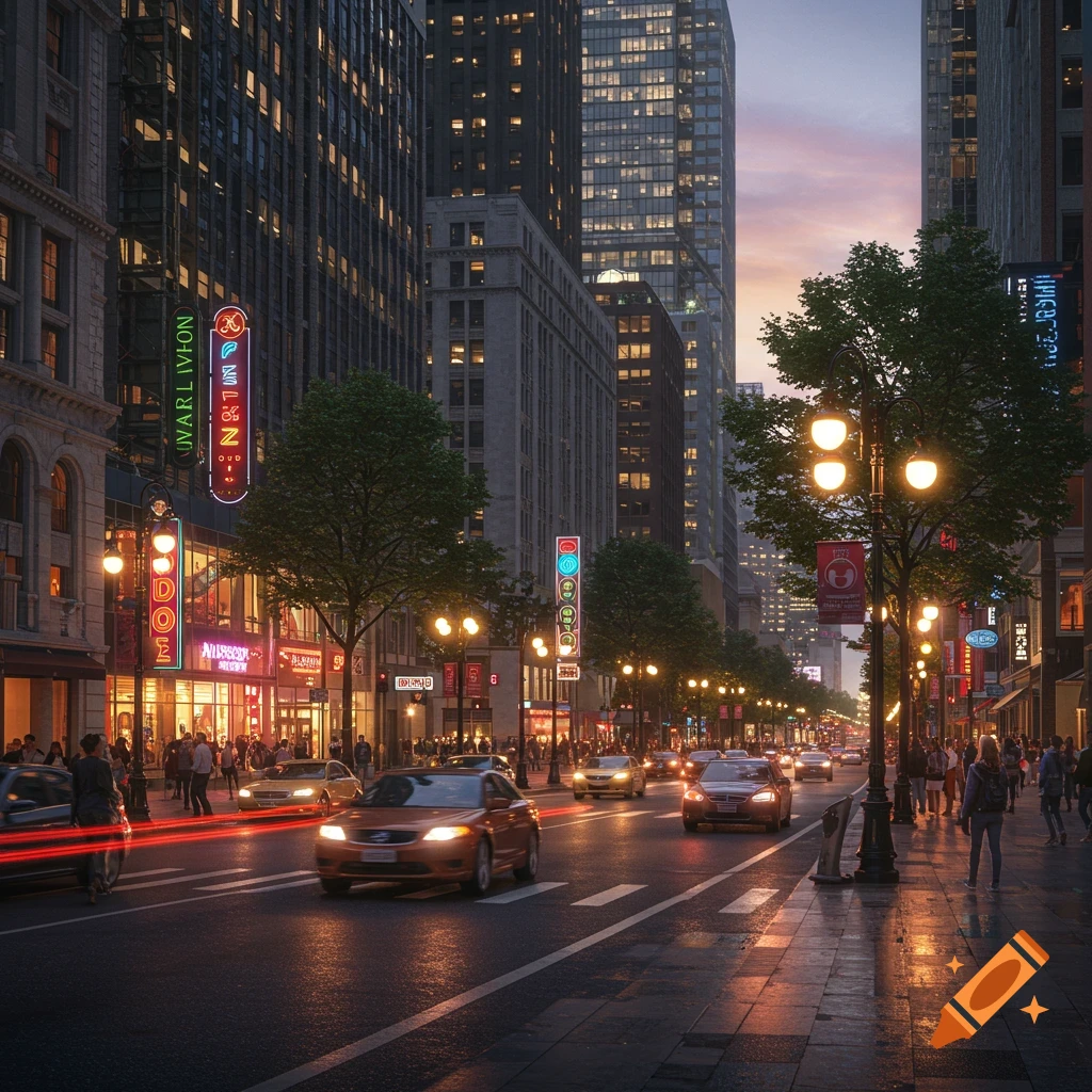 A photorealistic depiction of a busy city street at dusk, with towering buildings, numerous cars with light trails, pedestrians on sidewalks, and illuminated streetlights and neon signs reflecting on the wet pavement.