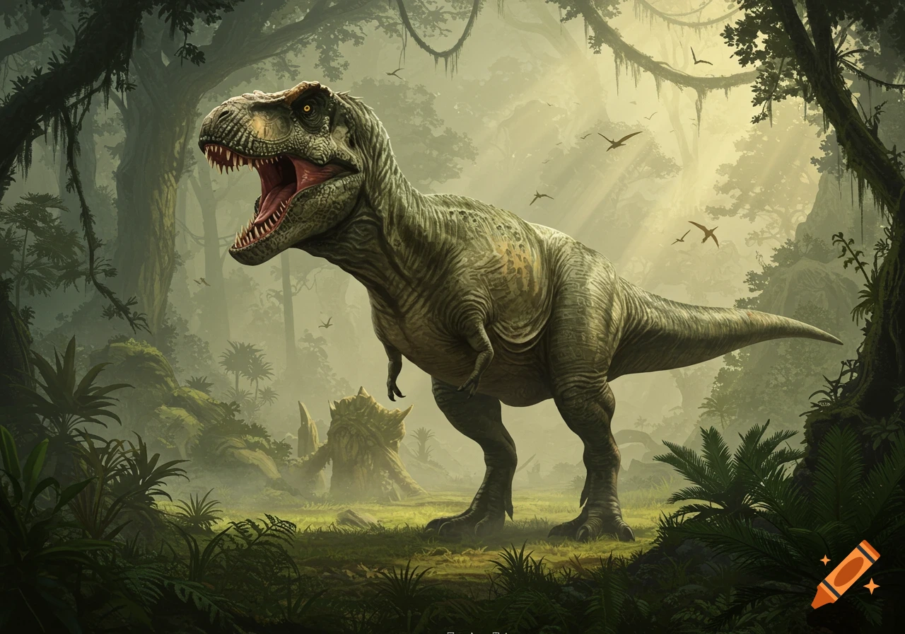 A realistic Tyrannosaurus Rex roaring in a sunlit prehistoric jungle with pterodactyls and lush foliage.