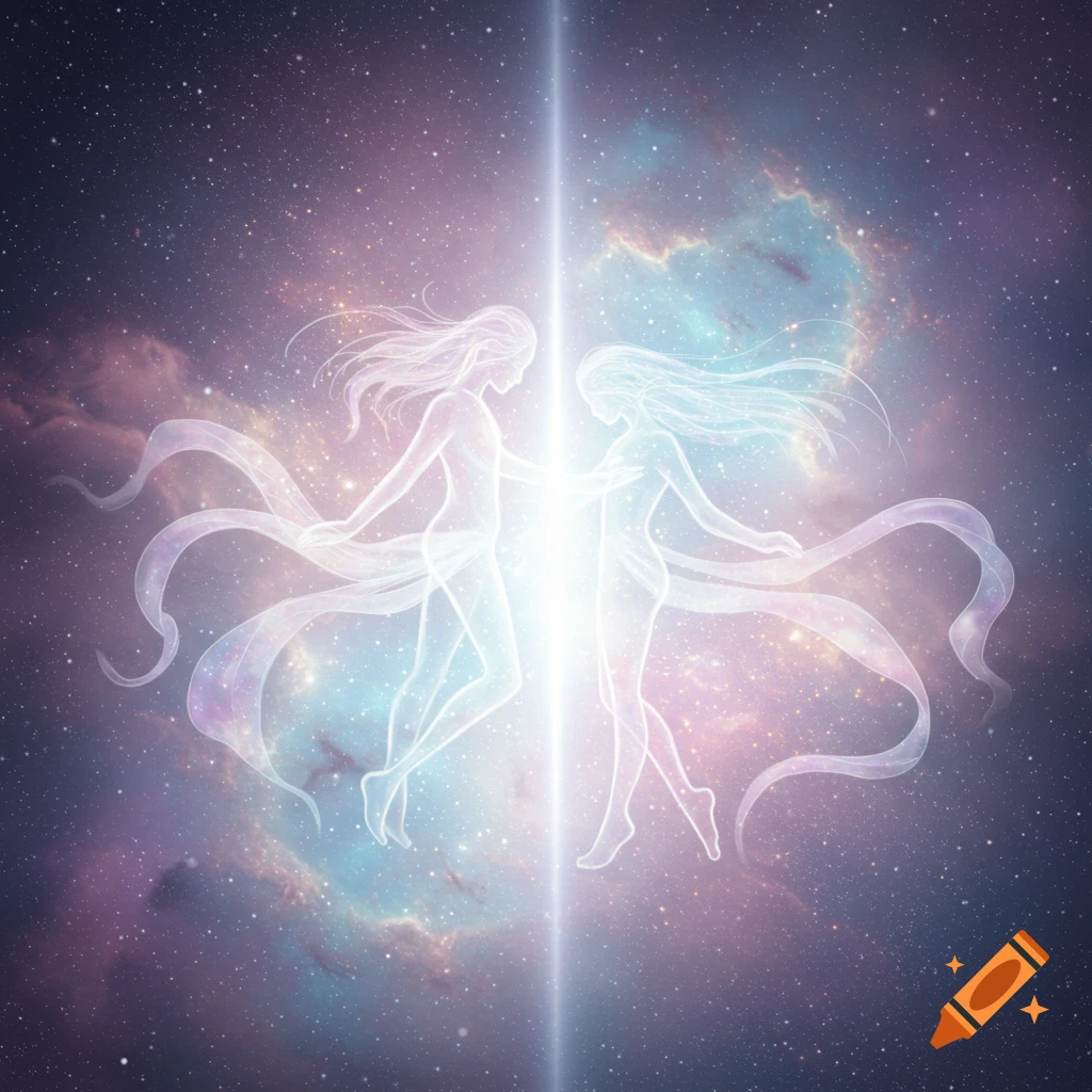 Two glowing, ethereal figures face each other in a starry nebula, connected by a bright vertical beam of light. Fantasy art style.