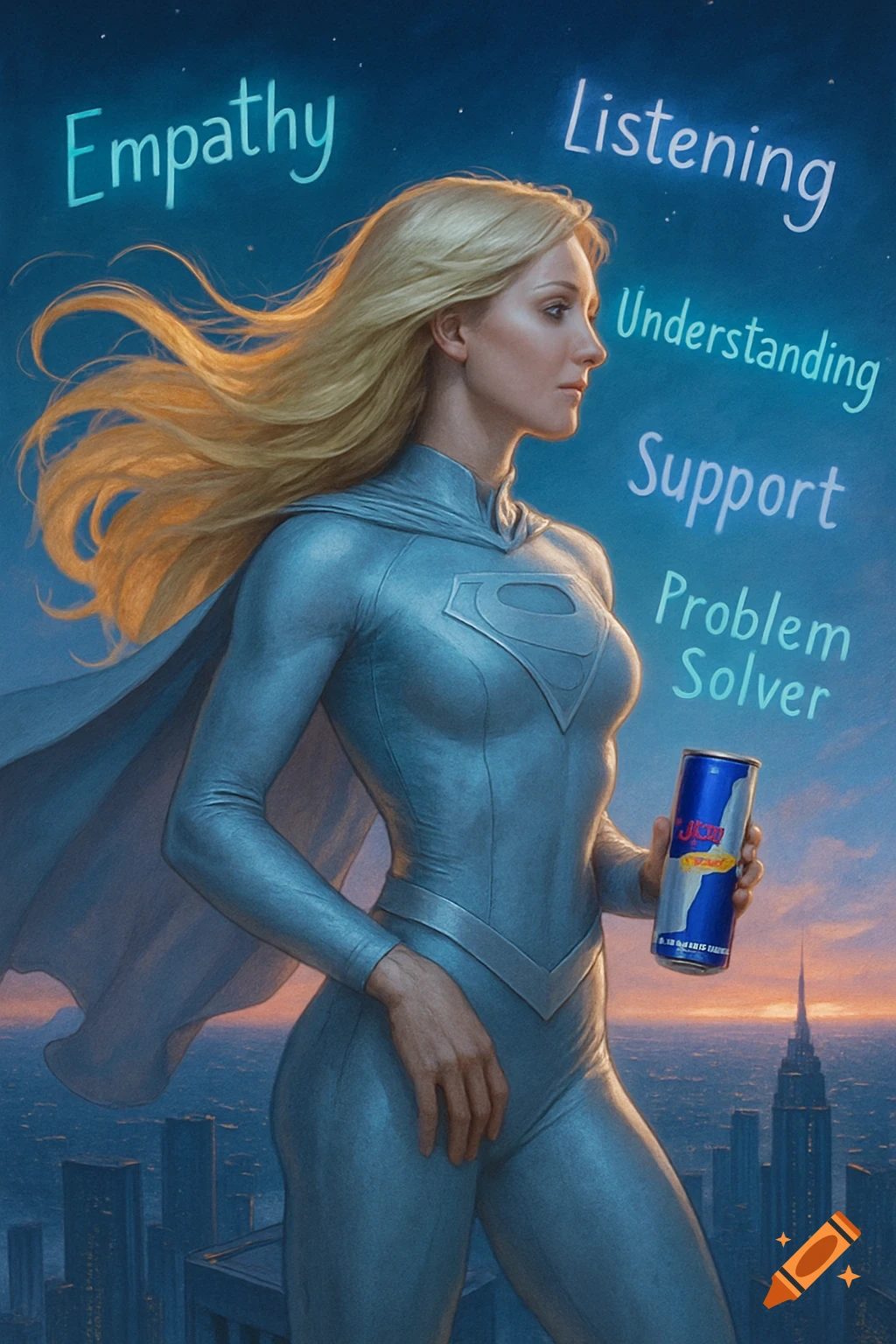 A blonde female superhero in a silver suit and cape holds a Red Bull can against a sunset cityscape, surrounded by positive words.