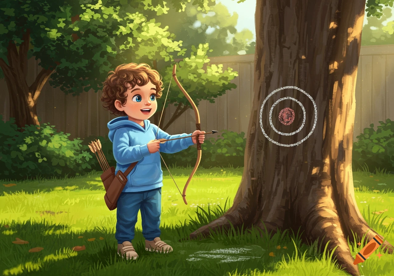 A cute boy with curly hair in a blue hoodie aims a wooden bow and arrow at a chalk target on a tree in a sunny backyard, cartoon style.