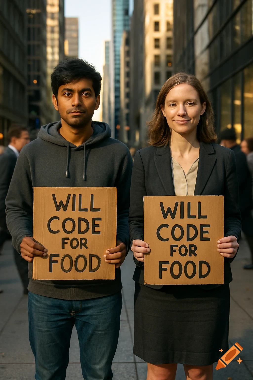 A Nepalese man and a Caucasian woman hold "Will Code For Food" signs on a city street. Photorealistic.