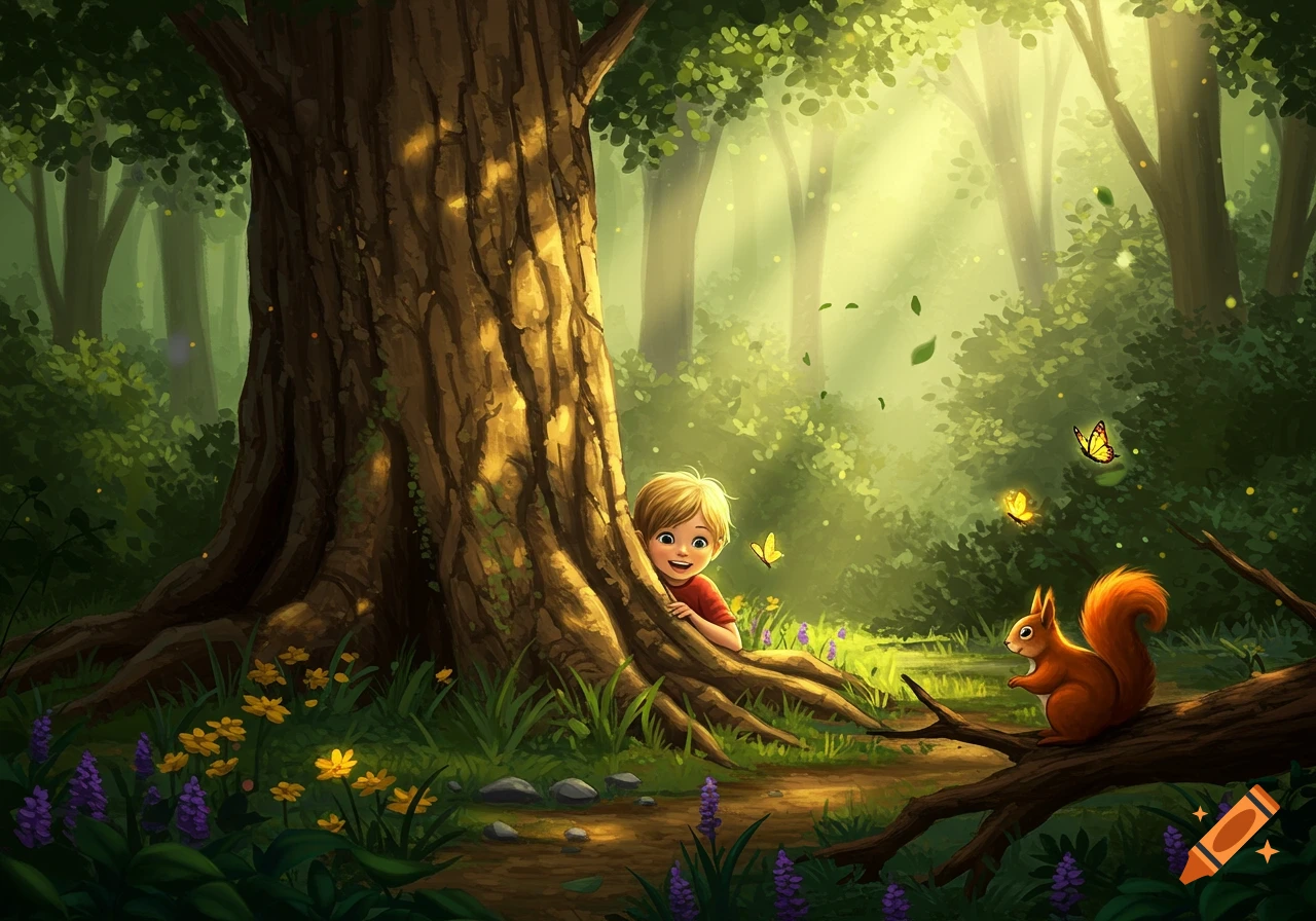 A happy child peeks from a large tree in a sunlit forest, with a squirrel and butterflies, in a vibrant illustration.