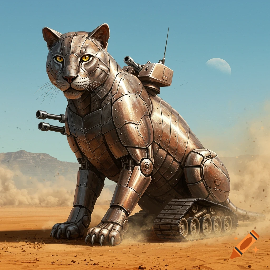 A detailed, metallic cat-like tank with cannons and tank treads sits in a desert under a blue sky with a distant moon.