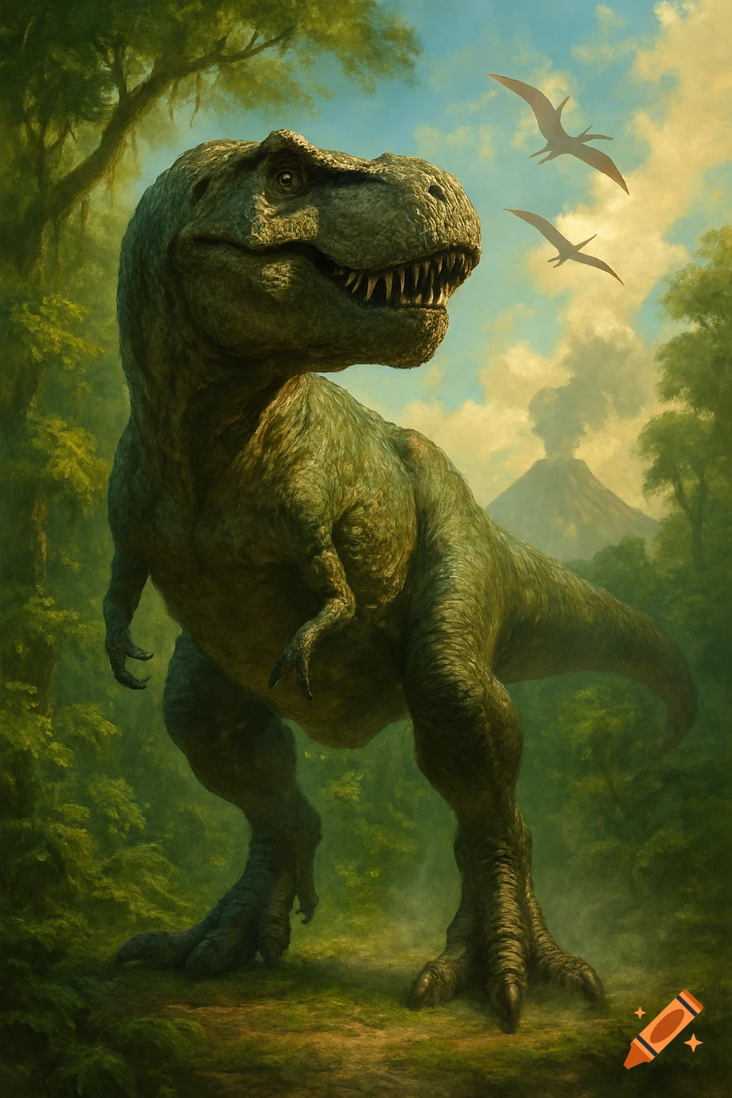 A detailed illustration of a Tyrannosaurus Rex standing in a lush prehistoric jungle with a smoking volcano and flying pterodactyls under a blue sky.