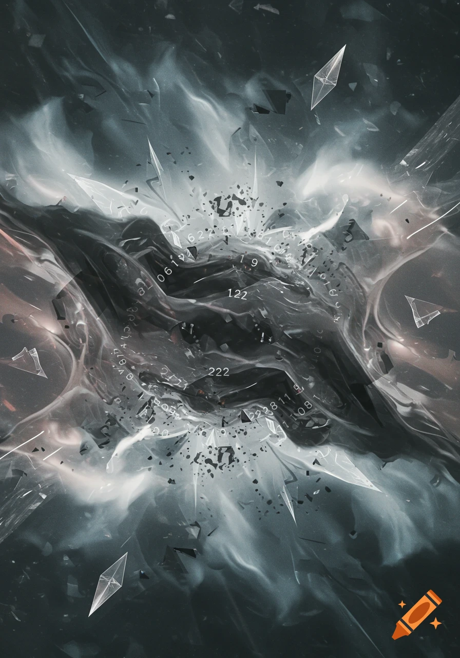 An abstract composition featuring dark, fluid organic shapes, surrounded by white mist, shattered glass-like fragments, and subtle, glowing numbers.
