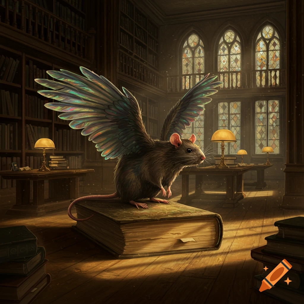 A fantastical winged rat stands on a large book in a dimly lit, ornate library with tall bookshelves and stained-glass windows.