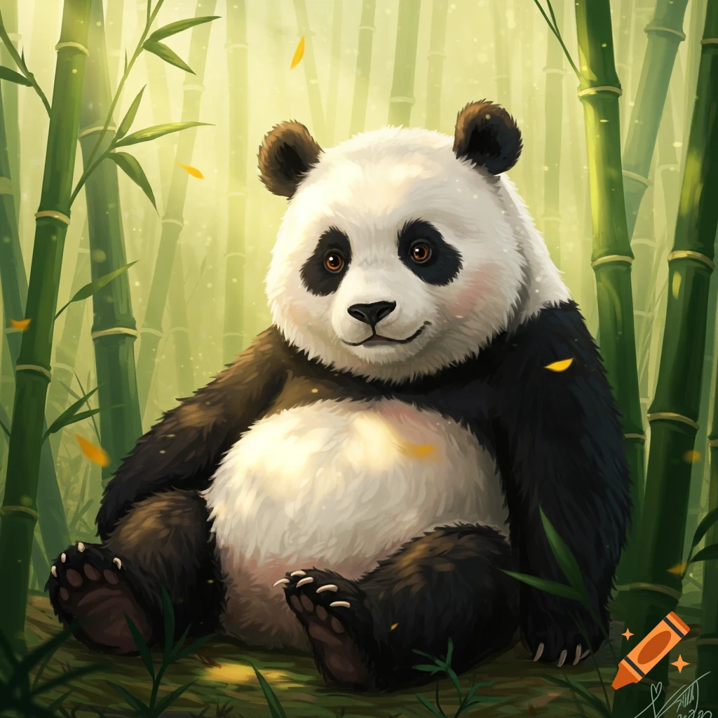 A cute panda sits in a vibrant bamboo forest with fallen yellow leaves, in a digital painting style.